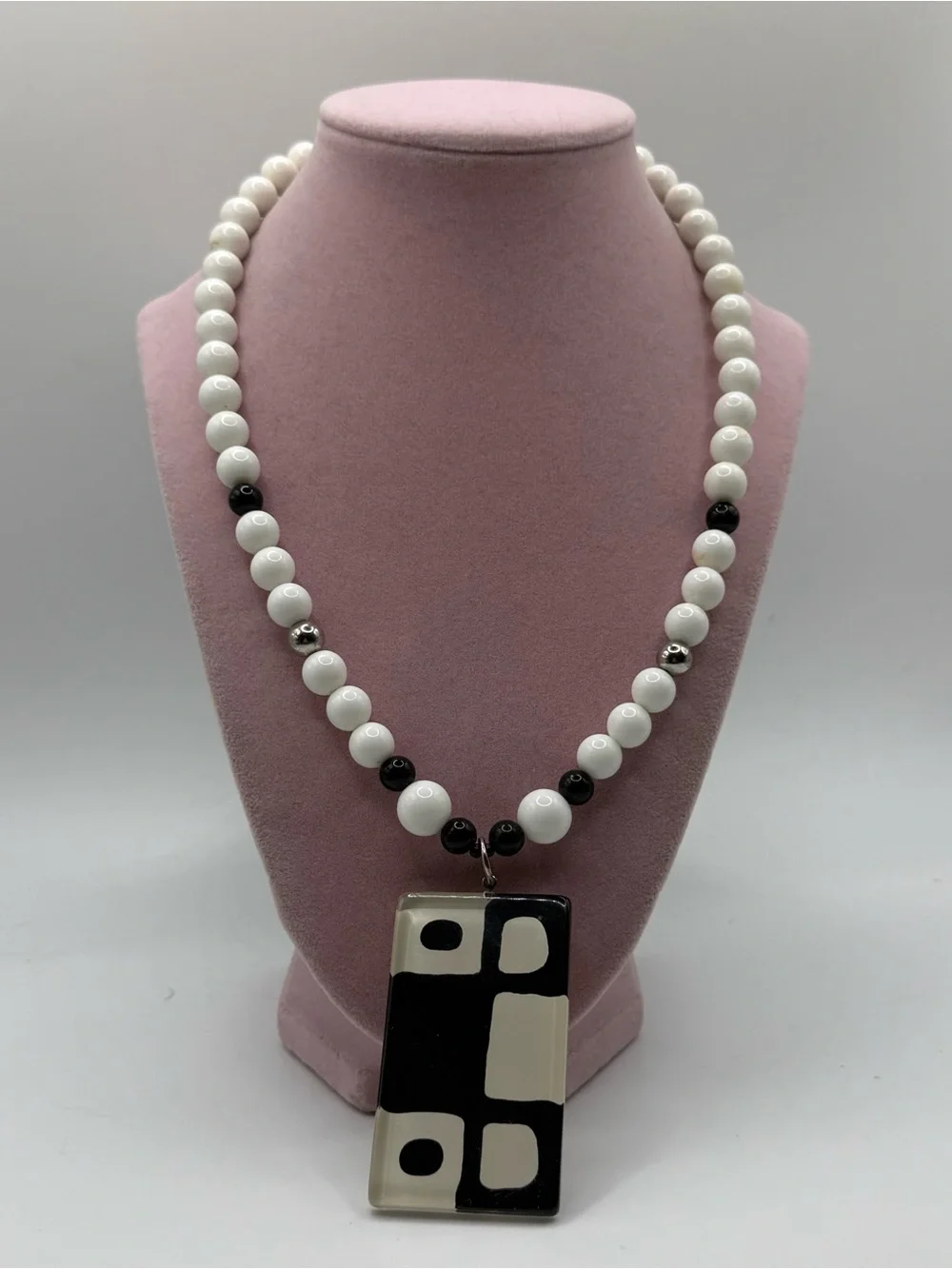 White and Black abstract Beaded Pendant Necklace